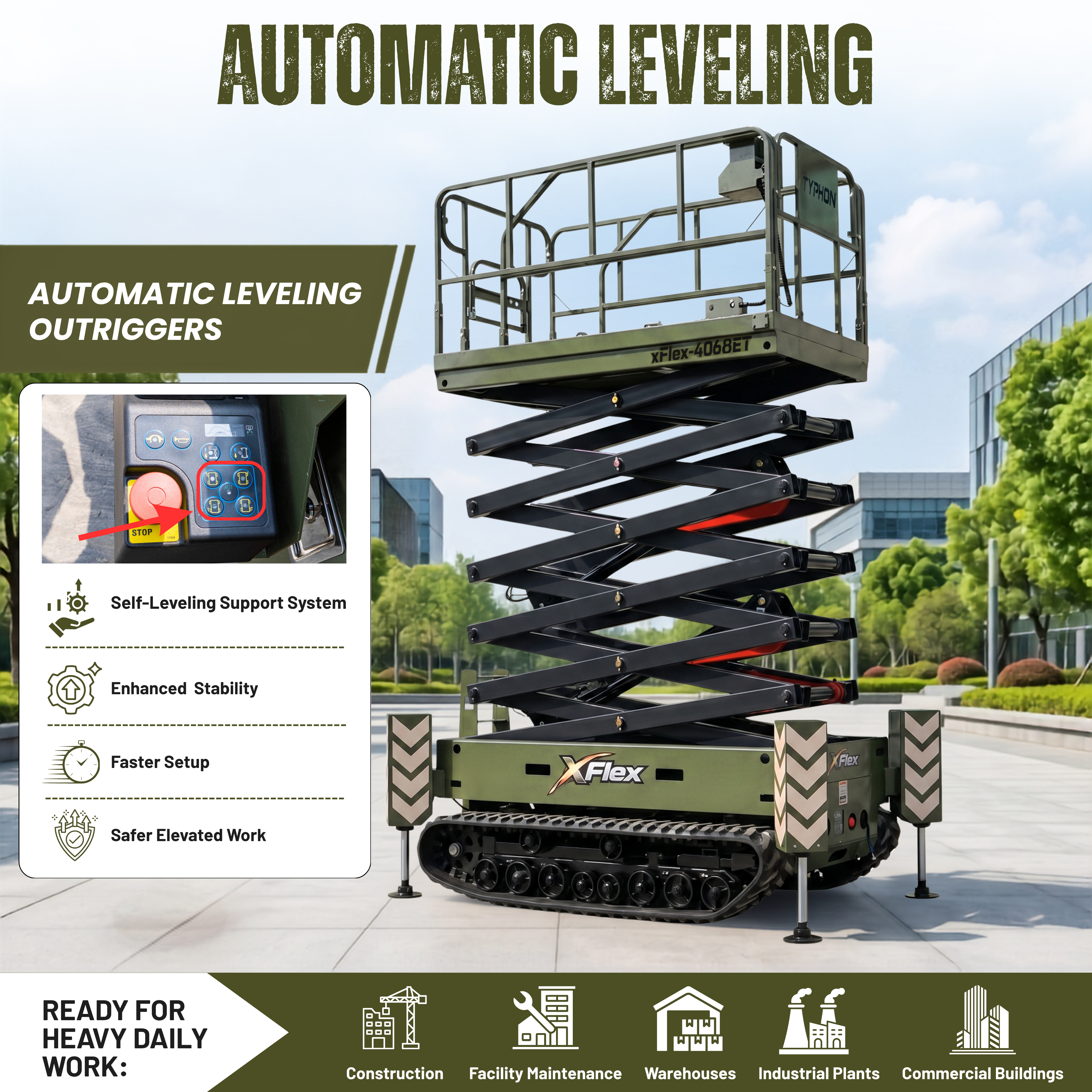 TYPHON xFlex-4068ET 3.2 Ton Electric Rubber Track Scissor Lift 40 ft Max Platform Height 5.4HP Hydraulic Pump Motor 35-Inch Platform Extension