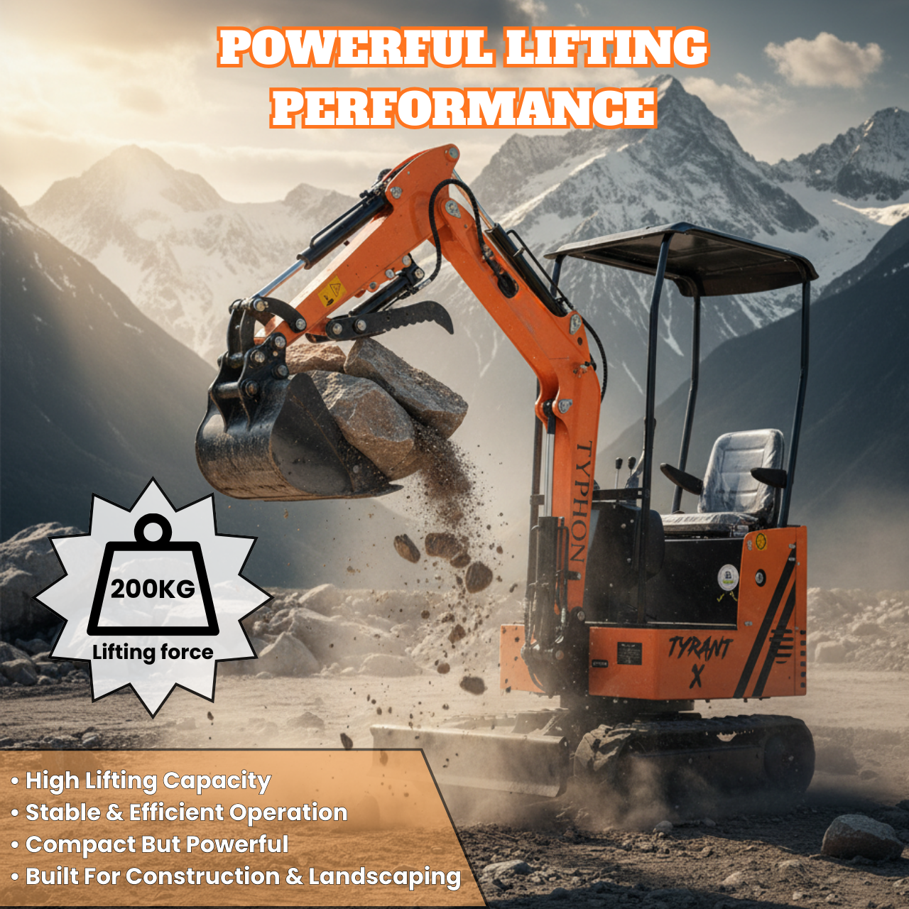 TYPHON TYRANT X 1-Ton Mini Excavator 13.5HP Briggs & Stratton Engine, Hydraulic Thumb Clip, Dozer Blade, 360° Body Swing