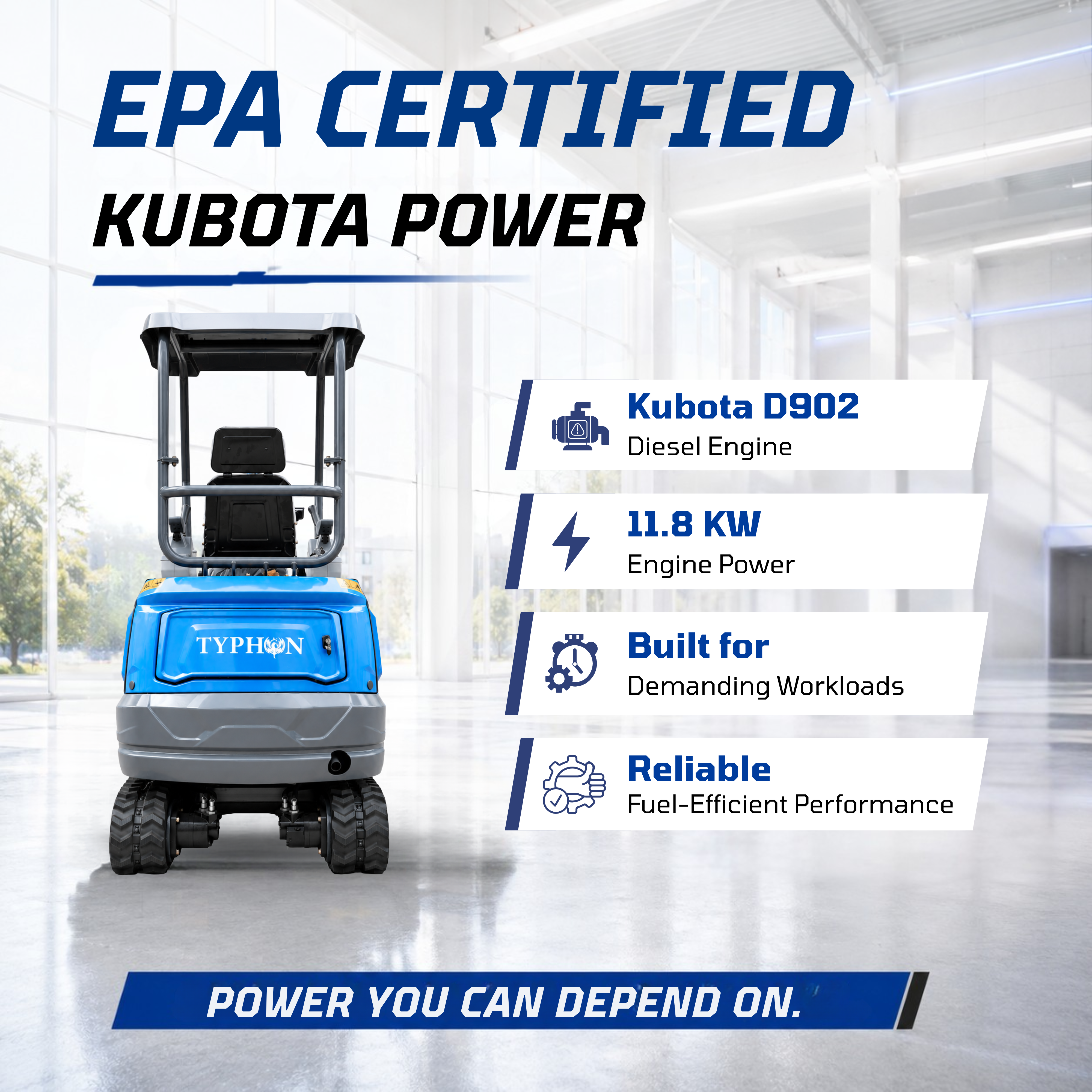 TYPHON TERROR XVII PRO 3800 lb mini excavator Hydraulic System Integrated Oil Cooler EPA-Certified Kubota D902 Engine