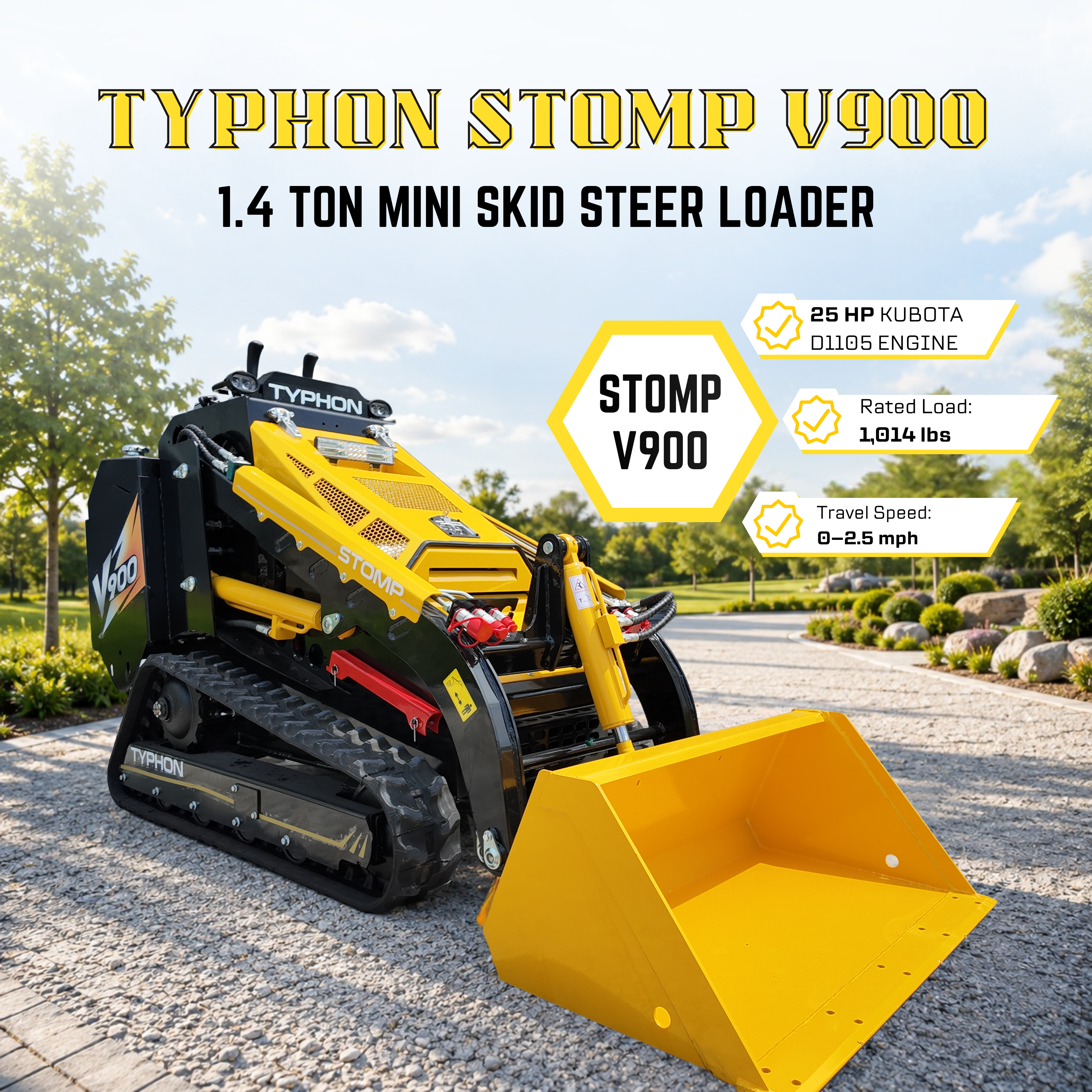 Typhon Stomp V900 Mini Track Loader Kubota D1105 25HP Diesel Stand-On Skid Steer Dual Aux Hydraulics EPA Stage V