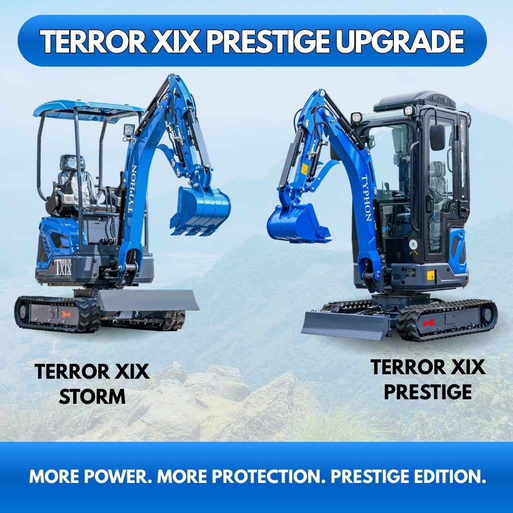TYPHON TERROR XIX Prestige, 20.4 HP Kubota D902 4200lbs Mini Excavator with Boom Swing, Retractable Tracks, and AC/Heater Cabin