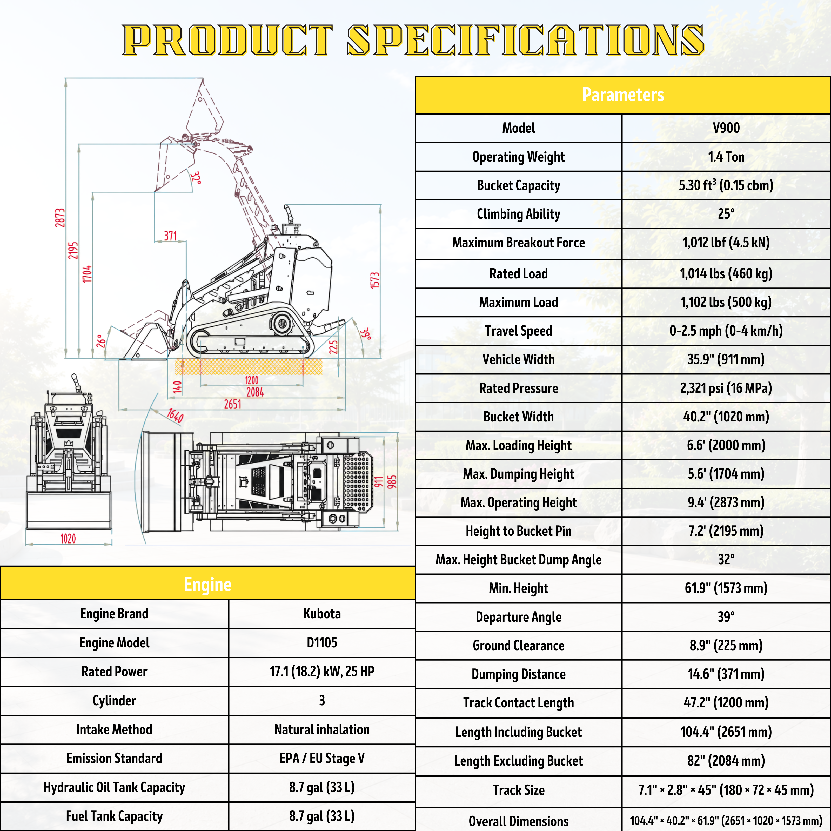 Typhon Stomp V900 Mini Track Loader Kubota D1105 25HP Diesel Stand-On Skid Steer Dual Aux Hydraulics EPA Stage V