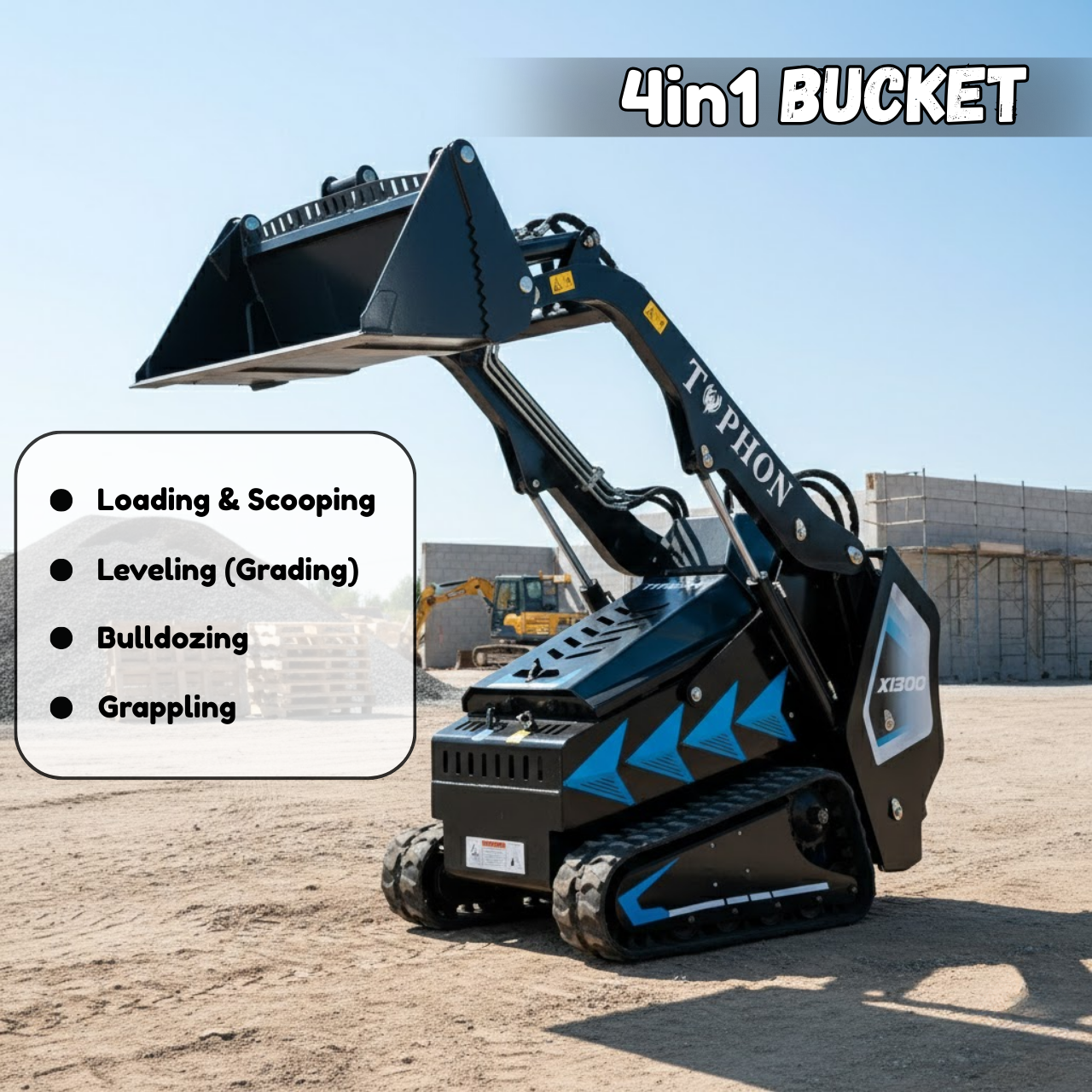 4-in-1 Combo Bucket Attachment for Mini Skid Steer Fits TYPHON STOMP X1300 & STOMP 509