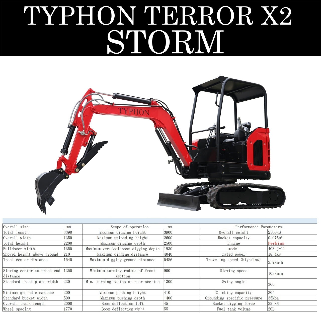 TYPHON TERROR X2 STORM Mini Excavator 2.5 Ton Diesel Perkins Engine