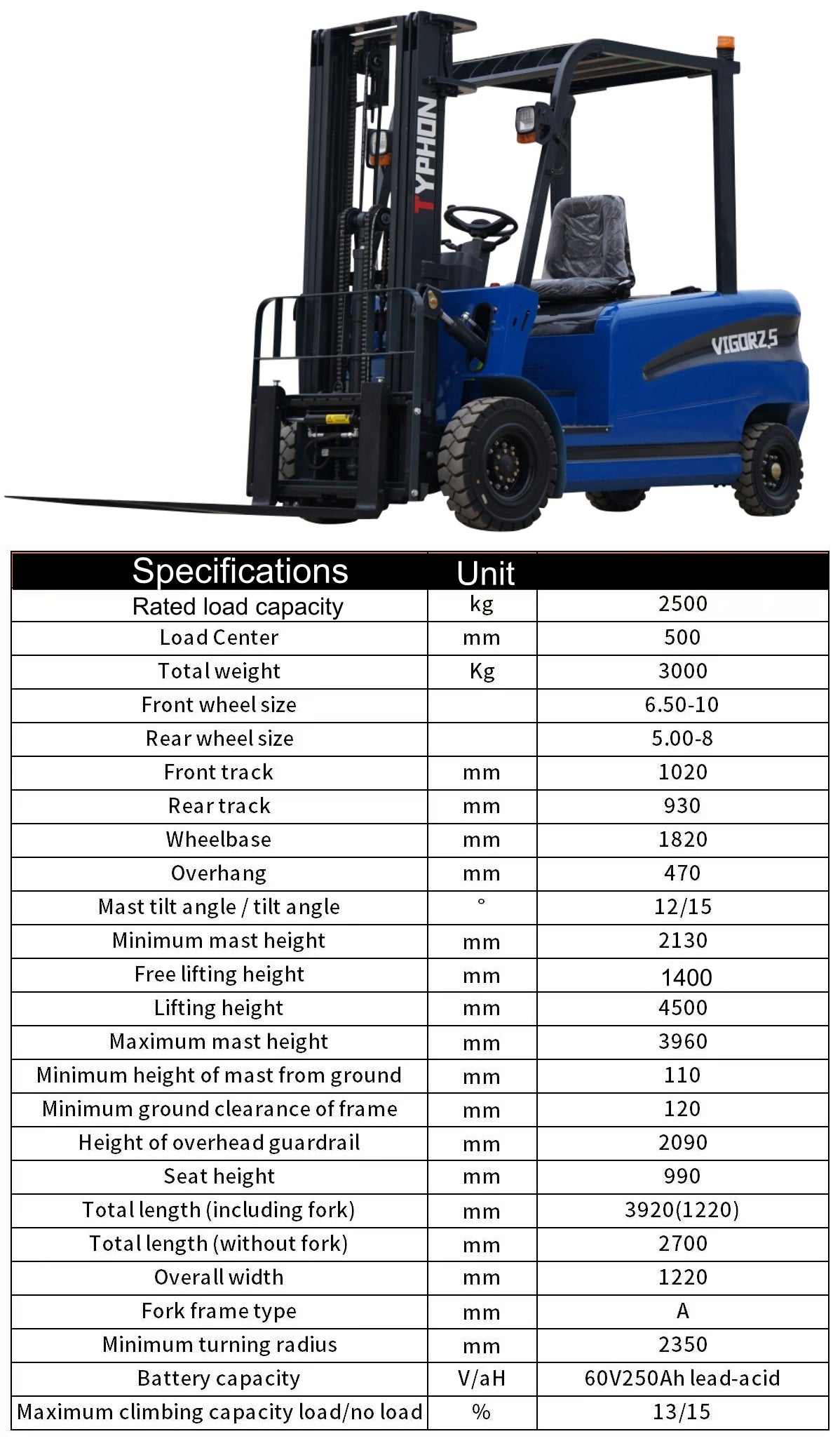 2025 TYPHON VIGOR 2.5 Blue Electric Forklift 2.5 Ton Lifter