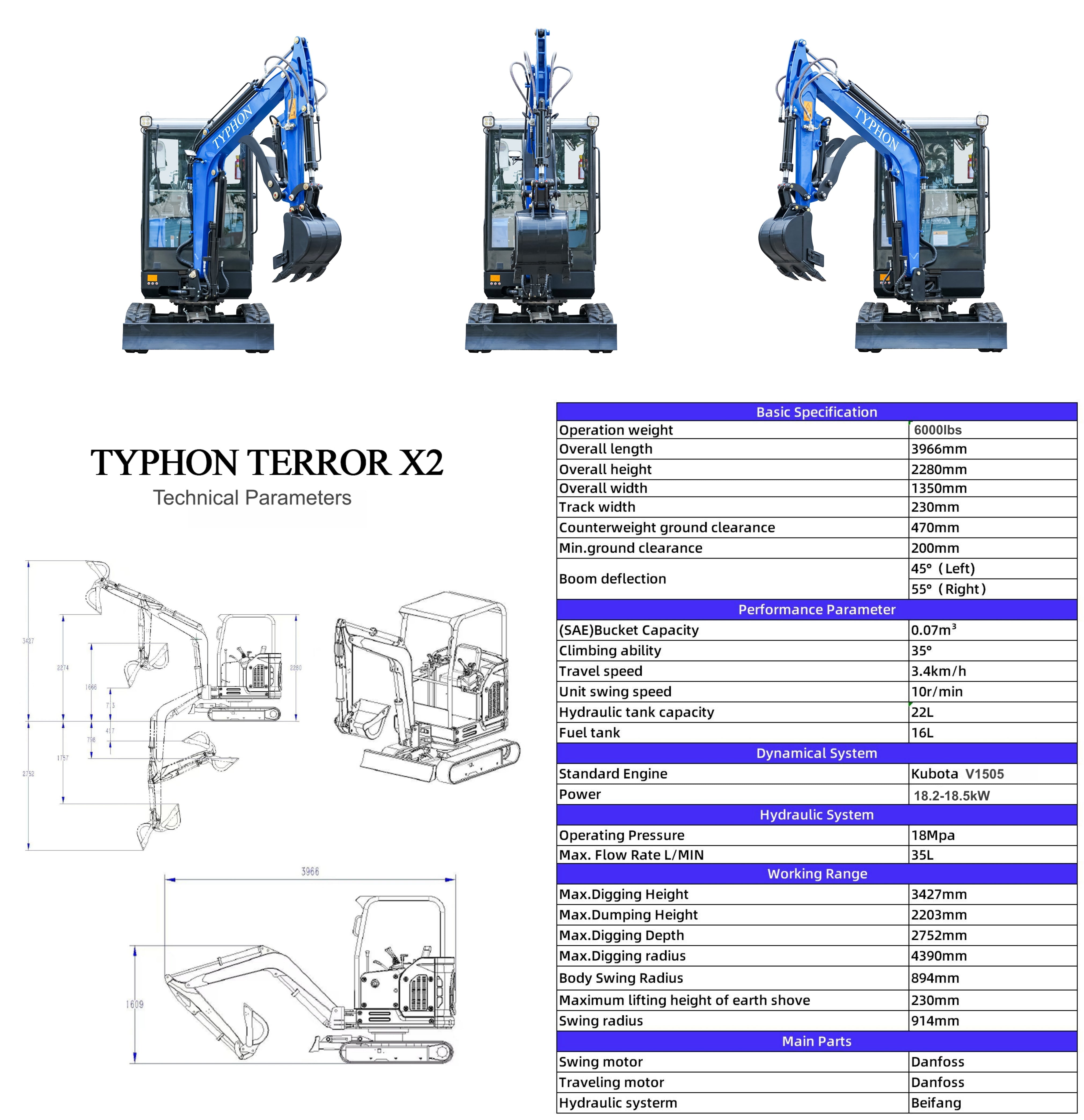 TYPHON TERROR X2 Mini Excavator 2.7 Ton Kubota V1505 Engine