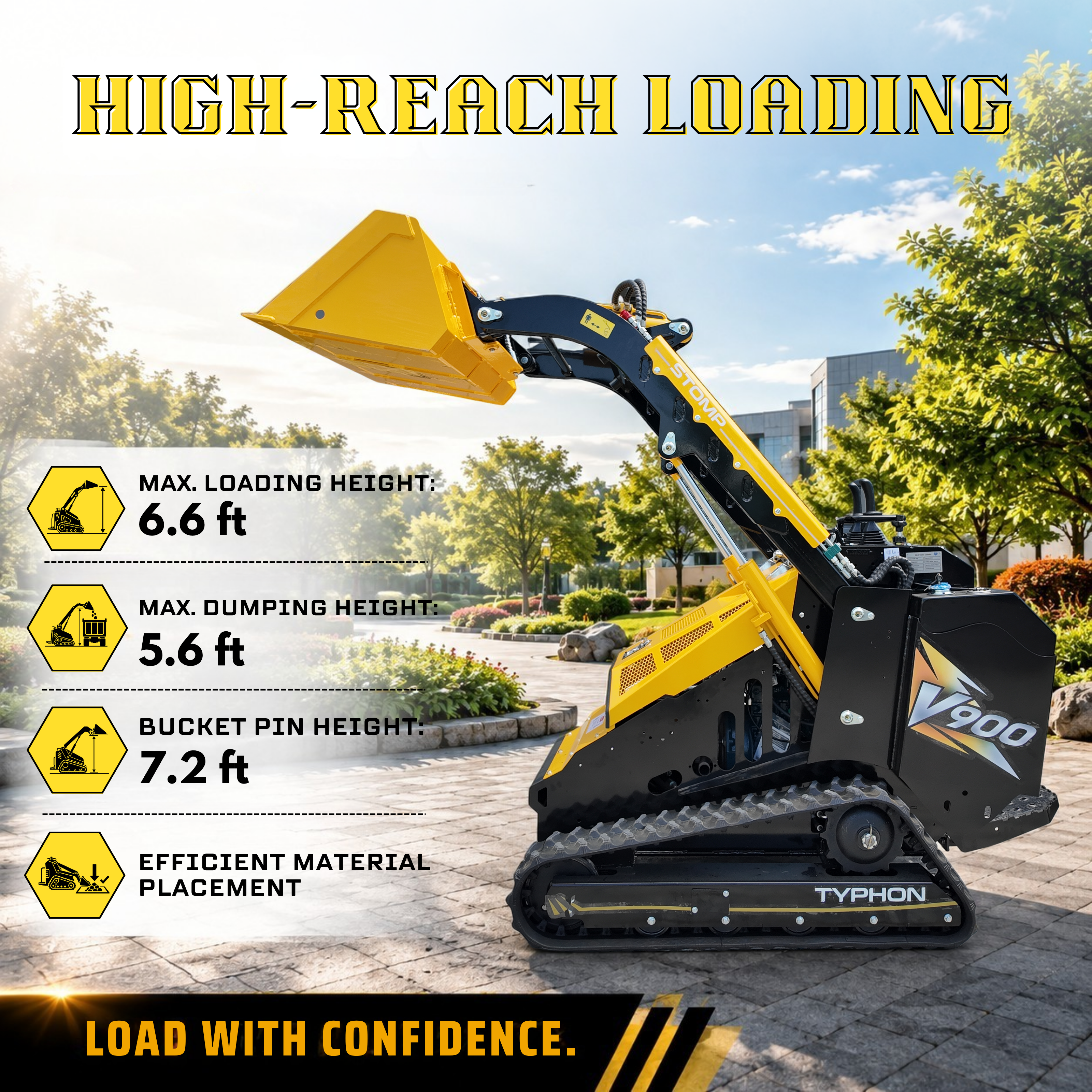 Typhon Stomp V900 Mini Track Loader Kubota D1105 25HP Diesel Stand-On Skid Steer Dual Aux Hydraulics EPA Stage V