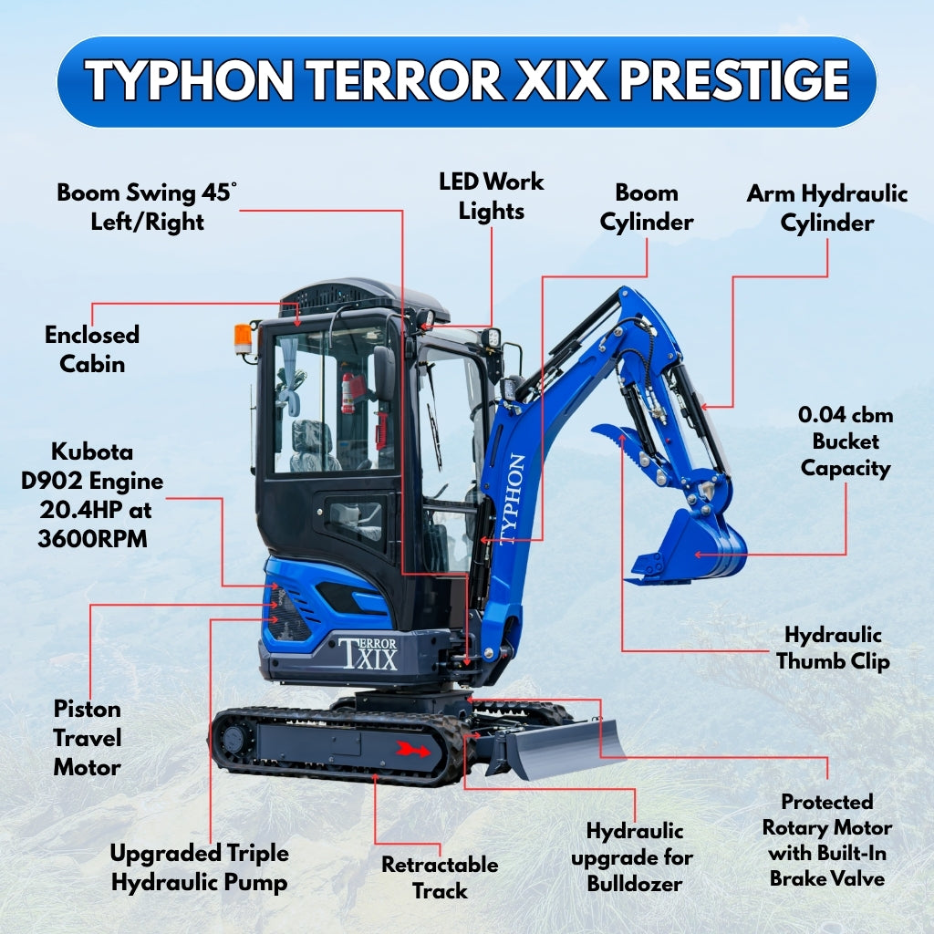 TYPHON TERROR XIX Prestige, 20.4 HP Kubota D902 4200lbs Mini Excavator with Boom Swing, Retractable Tracks, and AC/Heater Cabin