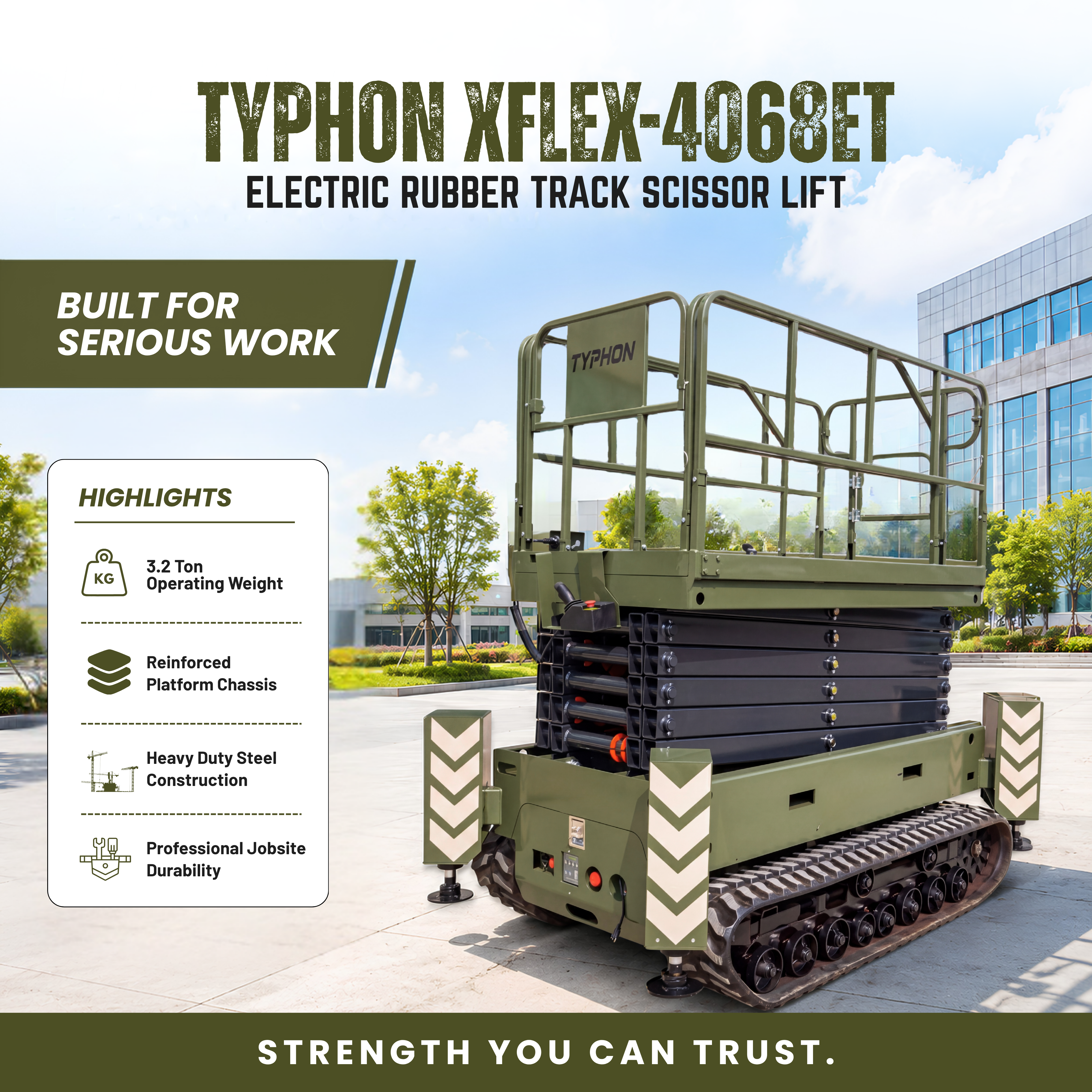 TYPHON xFlex-4068ET 3.2 Ton Electric Rubber Track Scissor Lift 40 ft Max Platform Height 5.4HP Hydraulic Pump Motor 35-Inch Platform Extension