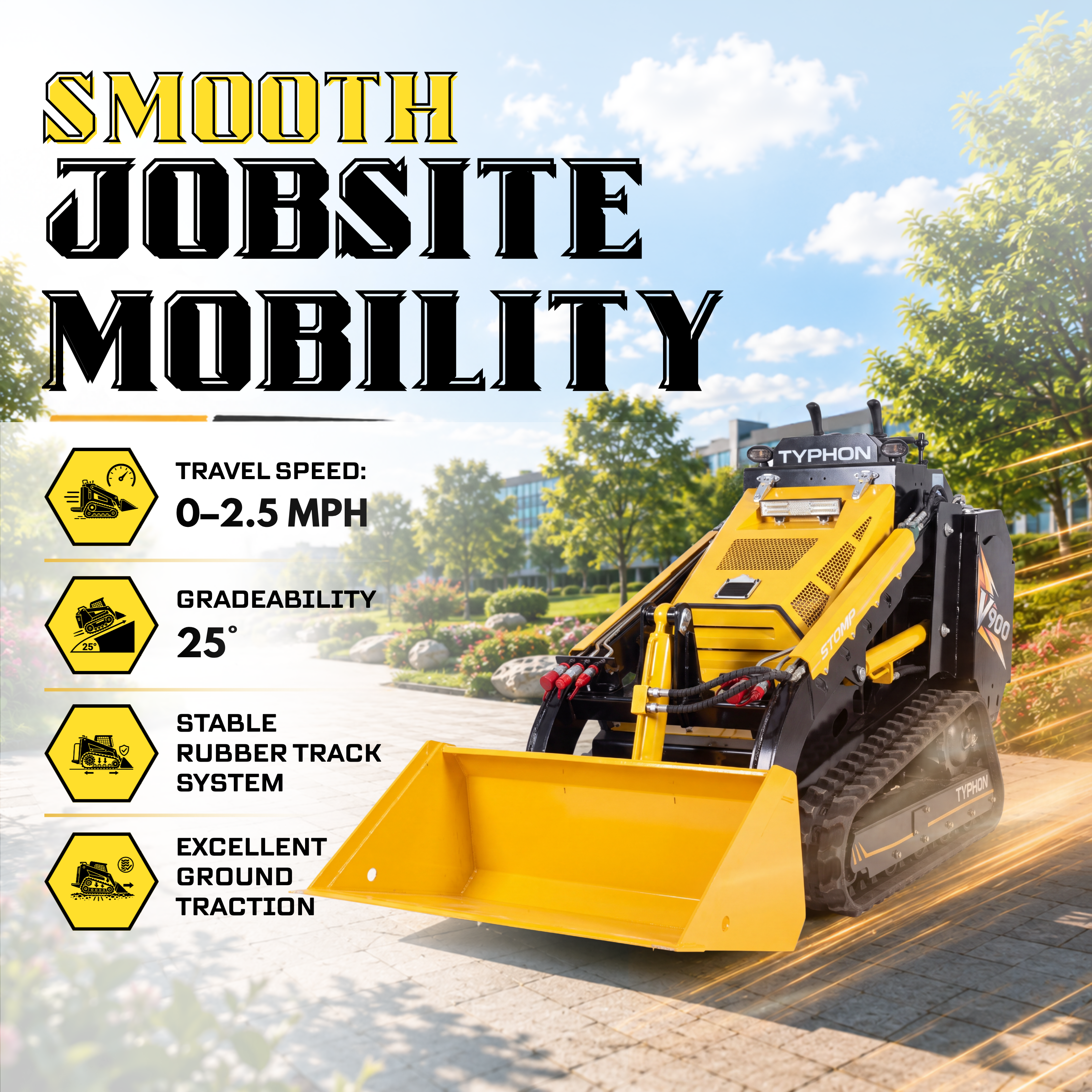 Typhon Stomp V900 Mini Track Loader Kubota D1105 25HP Diesel Stand-On Skid Steer Dual Aux Hydraulics EPA Stage V