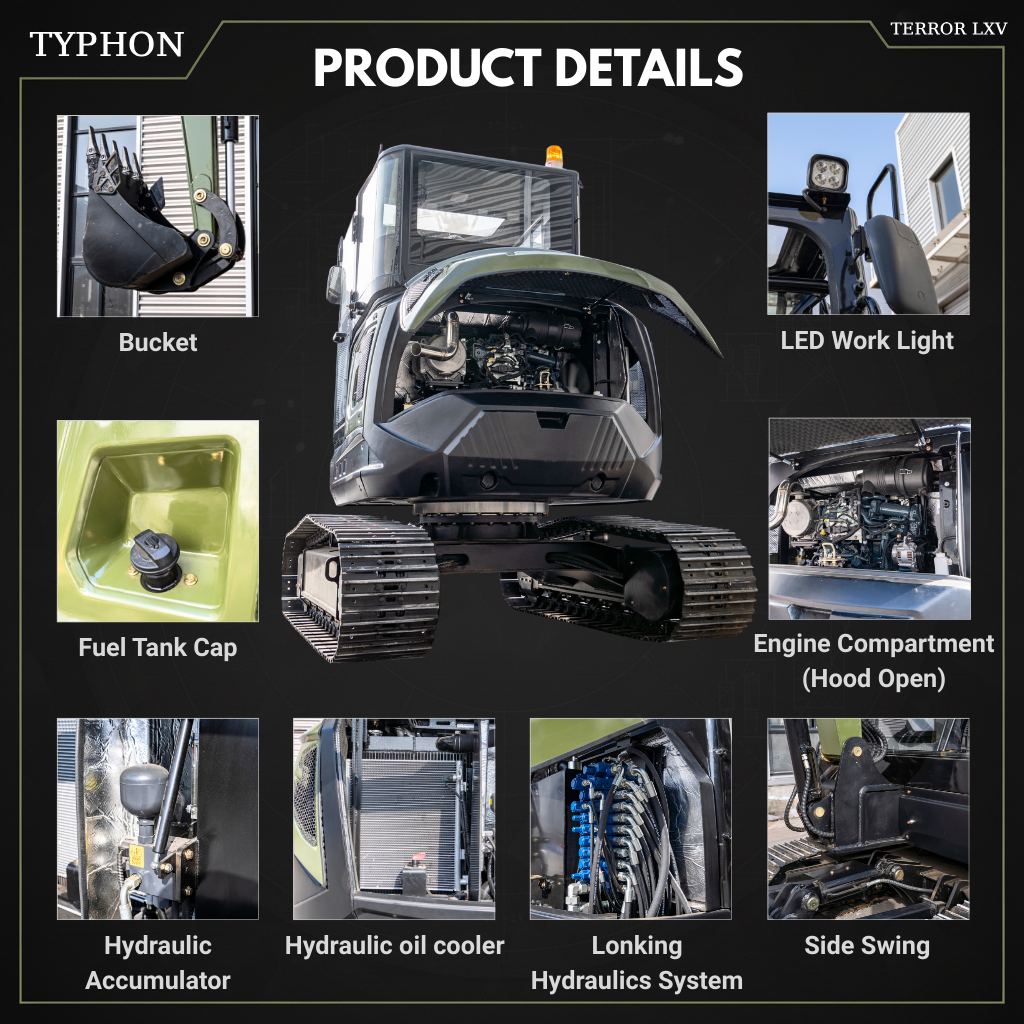 TYPHON TERROR LXV 6.6 Ton Mini Excavator Kubota V2607 56.9HP AC/Heater Cabin Boom Swing Two Speed Travel 0.23m³ Bucket Heavy Duty Construction Machine