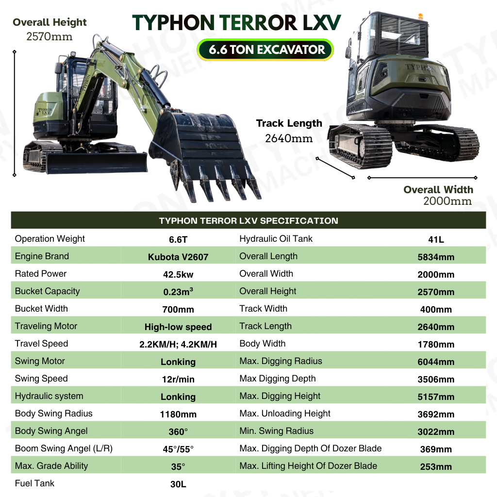 TYPHON TERROR LXV 6.6 Ton Mini Excavator Kubota V2607 56.9HP AC/Heater Cabin Boom Swing Two Speed Travel 0.23m³ Bucket Heavy Duty Construction Machine