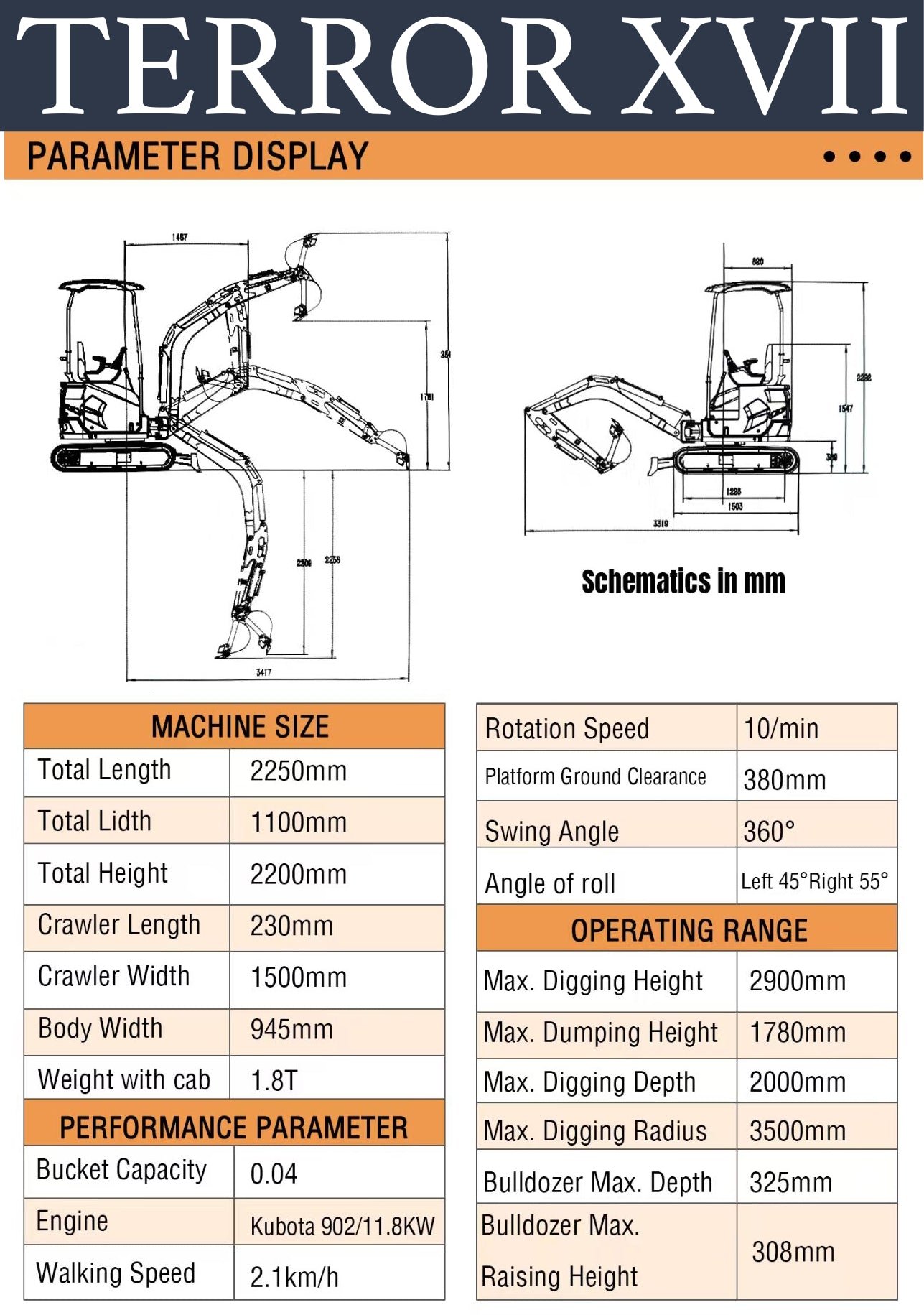 4000 lb TYPHON TERROR XVII Cabin Mini Excavator Kubota D902