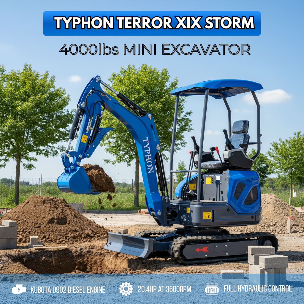 New TYPHON TERROR XIX STORM Mini Excavator 4000lbs 20.4hp Kubota D902 engine Trench Digger with Boom Swing, Canopy, Retractable Tracks