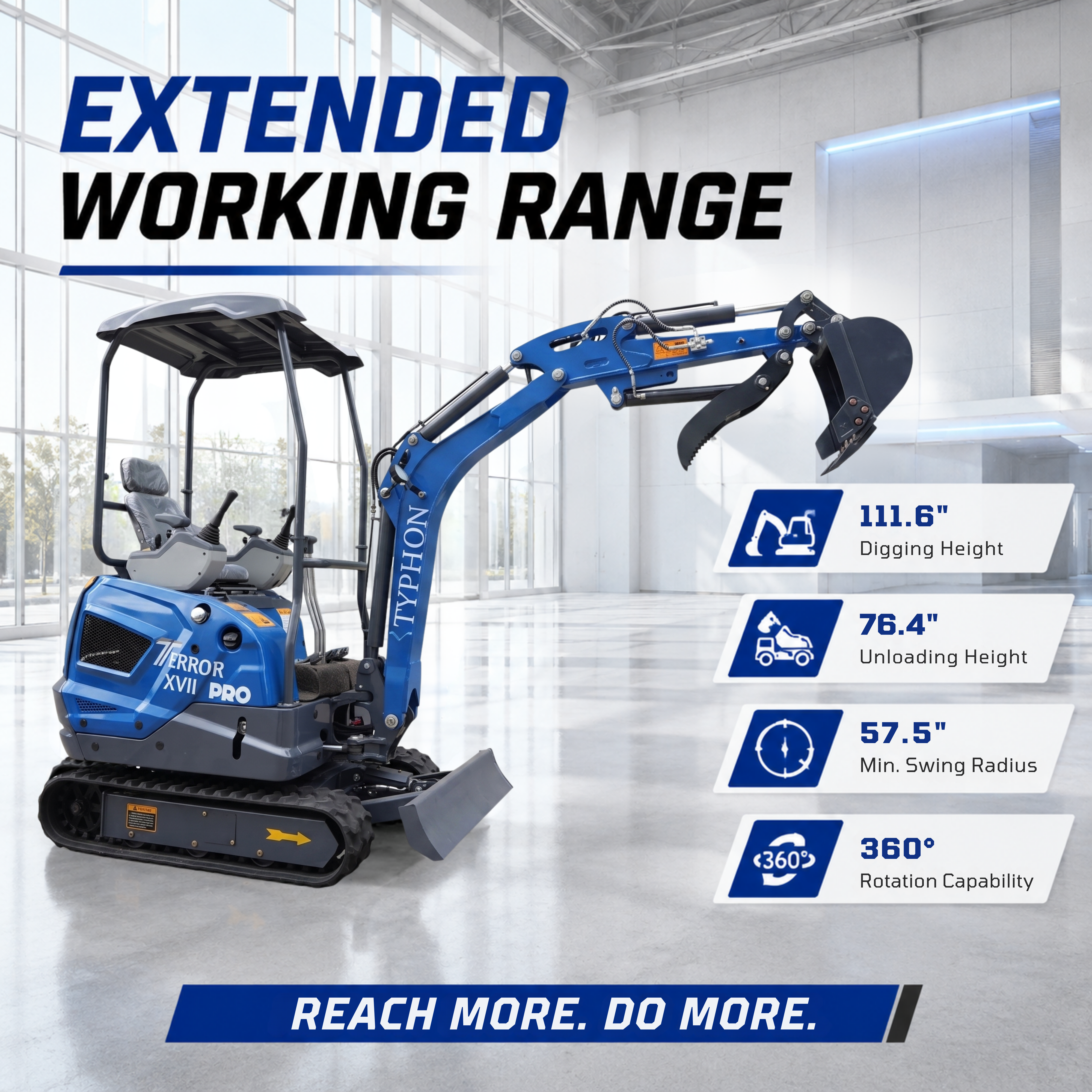 TYPHON TERROR XVII PRO 3800 lb mini excavator Hydraulic System Integrated Oil Cooler EPA-Certified Kubota D902 Engine