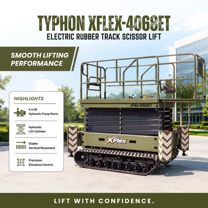 TYPHON xFlex-4068ET 3.2 Ton Electric Rubber Track Scissor Lift&nbsp; 40 ft Max Platform Height&nbsp; 5.4HP Hydraulic Pump Motor 35-Inch Platform Extension