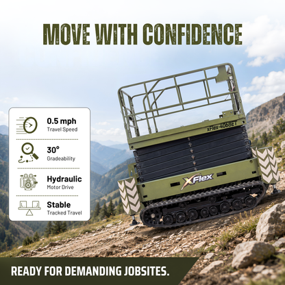 TYPHON xFlex-4068ET 3.2 Ton Electric Rubber Track Scissor Lift&nbsp; 40 ft Max Platform Height&nbsp; 5.4HP Hydraulic Pump Motor 35-Inch Platform Extension