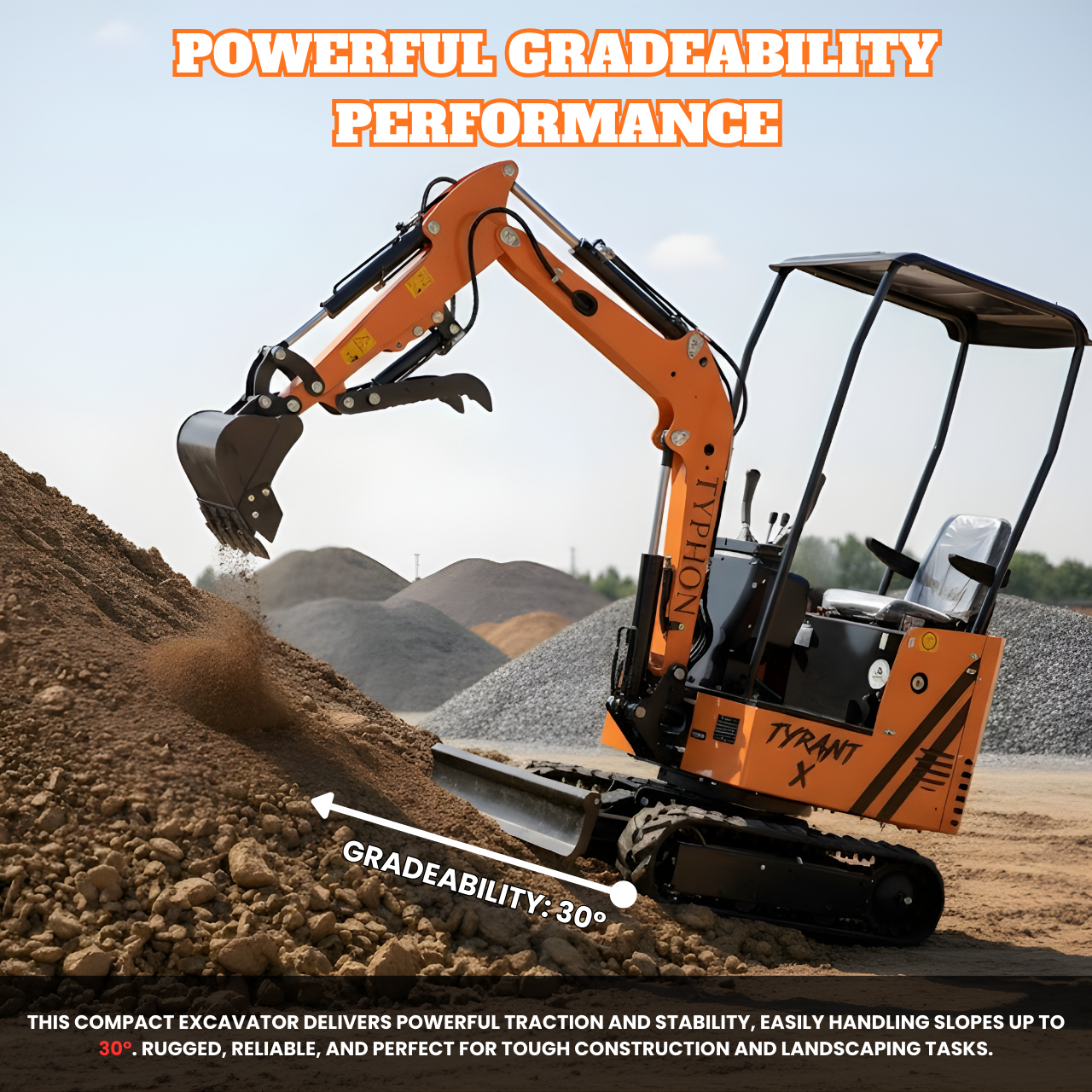 TYPHON TYRANT X 1-Ton Mini Excavator 13.5HP Briggs & Stratton Engine, Hydraulic Thumb Clip, Dozer Blade, 360° Body Swing