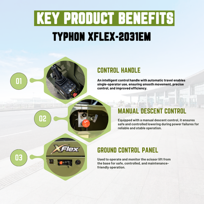 TYPHON xFlex-2031EM 1.2 Ton Electric Mini Scissor Lift&nbsp, 20 ft Max Platform Height&nbsp, 19.7-inch Platform Extension