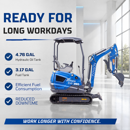 TYPHON TERROR XVII PRO 3800 lb mini excavator Hydraulic System Integrated Oil Cooler EPA-Certified Kubota D902 Engine