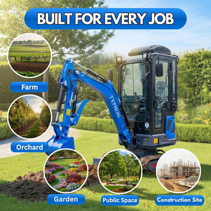 TYPHON TERROR XIX Prestige, 20.4 HP Kubota D902 4200lbs Mini Excavator with Boom Swing, Retractable Tracks, and AC/Heater Cabin