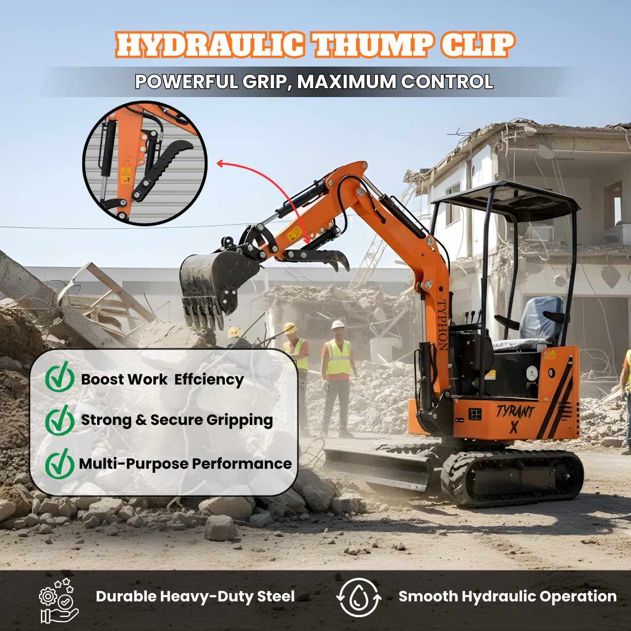 TYPHON TYRANT X 1-Ton Mini Excavator 13.5HP Briggs & Stratton Engine, Hydraulic Thumb Clip, Dozer Blade, 360° Body Swing