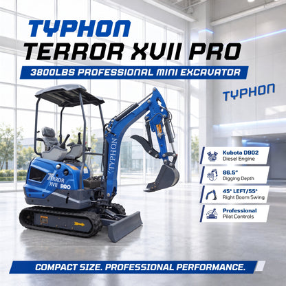 TYPHON TERROR XVII PRO 3800 lb mini excavator Hydraulic System Integrated Oil Cooler EPA-Certified Kubota D902 Engine