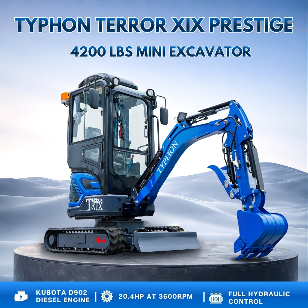 TYPHON TERROR XIX Prestige, 20.4 HP Kubota D902 4200lbs Mini Excavator with Boom Swing, Retractable Tracks, and AC/Heater Cabin
