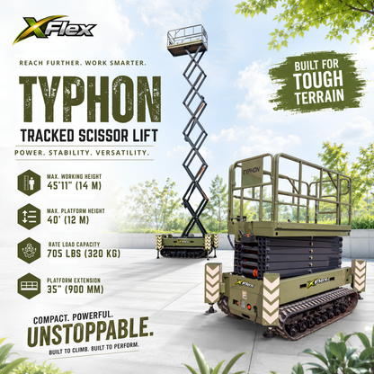 TYPHON xFlex-4068ET 3.2 Ton Electric Rubber Track Scissor Lift&nbsp; 40 ft Max Platform Height&nbsp; 5.4HP Hydraulic Pump Motor 35-Inch Platform Extension