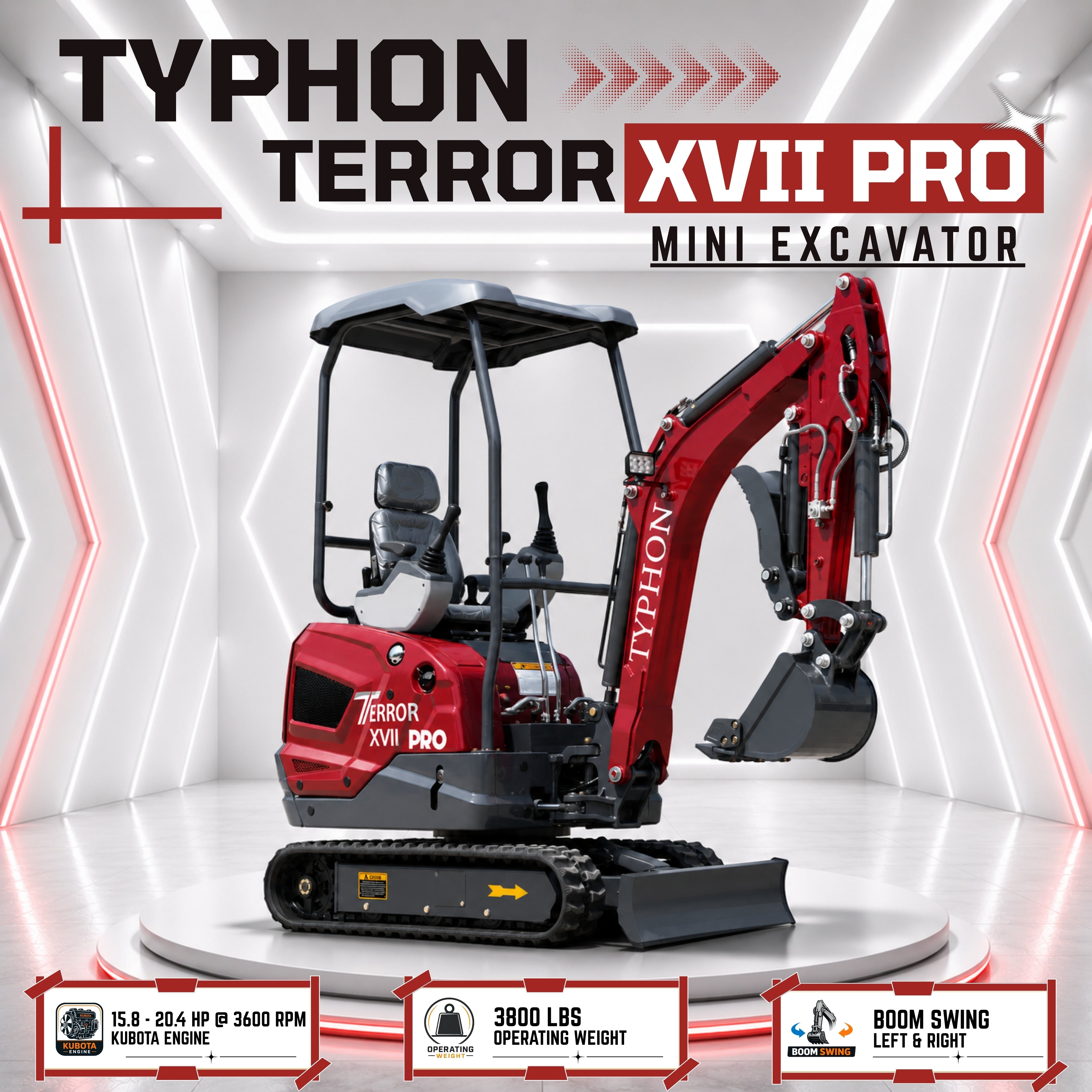 YPHON TERROR XVII PRO Mini Excavator. Powered by a Kubota D902 engine, featuring dual auxiliary hydraulics, 86-inch diging depth, and a hydraulic thumb. Free Shipping.