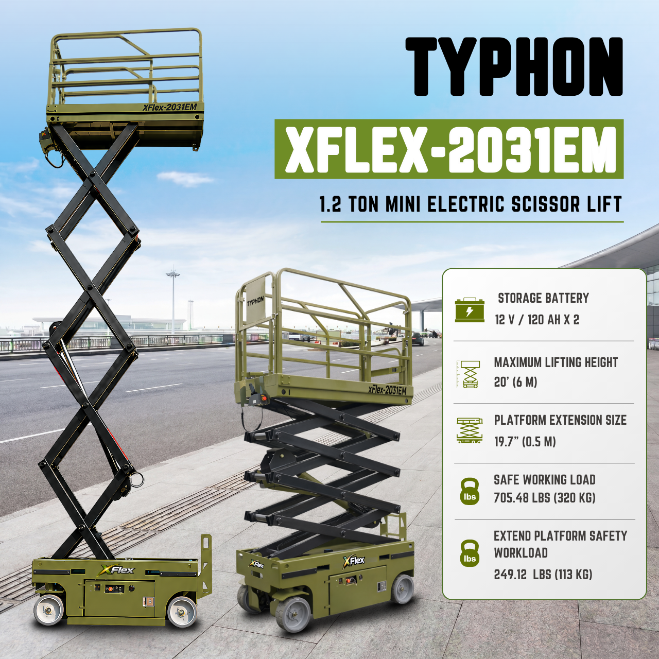 TYPHON xFlex-2031EM 1.2 Ton Electric Mini Scissor Lift&nbsp, 20 ft Max Platform Height&nbsp, 19.7-inch Platform Extension