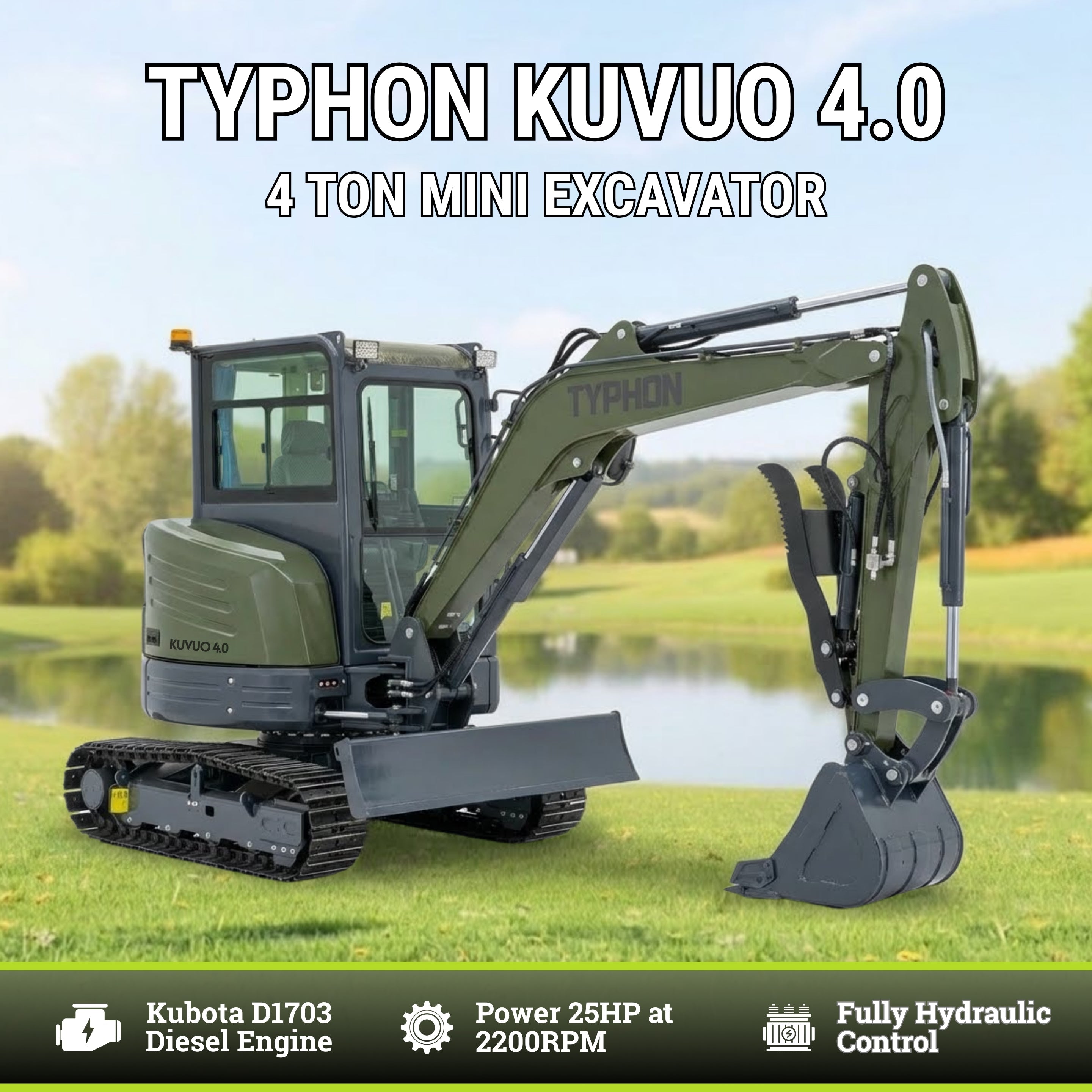 TYPHON KUVOU 4.0 mini excavator Kubota D1703 Diesel engine with 4Ton Operating Weight AC/ Heater