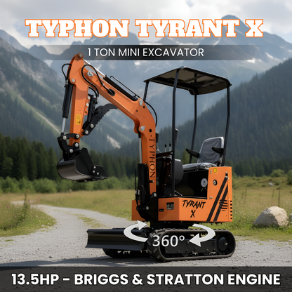 TYPHON TYRANT X 1-Ton Mini Excavator 13.5HP Briggs & Stratton Engine, Hydraulic Thumb Clip, Dozer Blade, 360° Body Swing