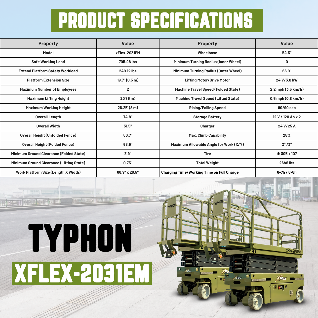 TYPHON xFlex-2031EM 1.2 Ton Electric Mini Scissor Lift&nbsp, 20 ft Max Platform Height&nbsp, 19.7-inch Platform Extension