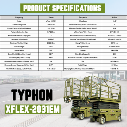 TYPHON xFlex-2031EM 1.2 Ton Electric Mini Scissor Lift&nbsp, 20 ft Max Platform Height&nbsp, 19.7-inch Platform Extension