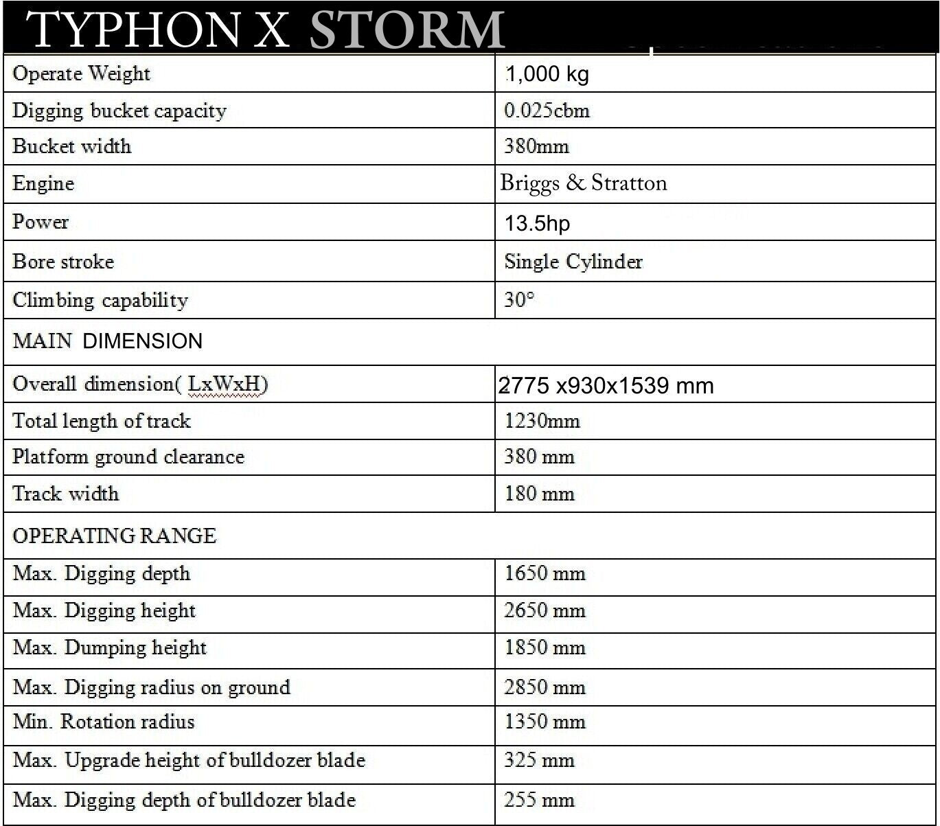 TYPHON TERROR X STORM Mini Excavator – 1 Ton with Canopy