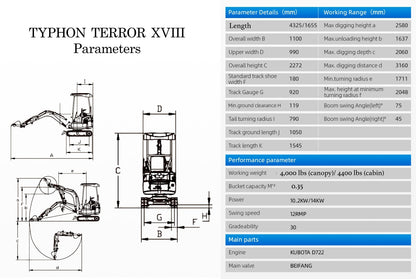 TYPHON TERROR XVIII Prestige 2 Ton Mini Excavator KUBOTA Diesel Engine