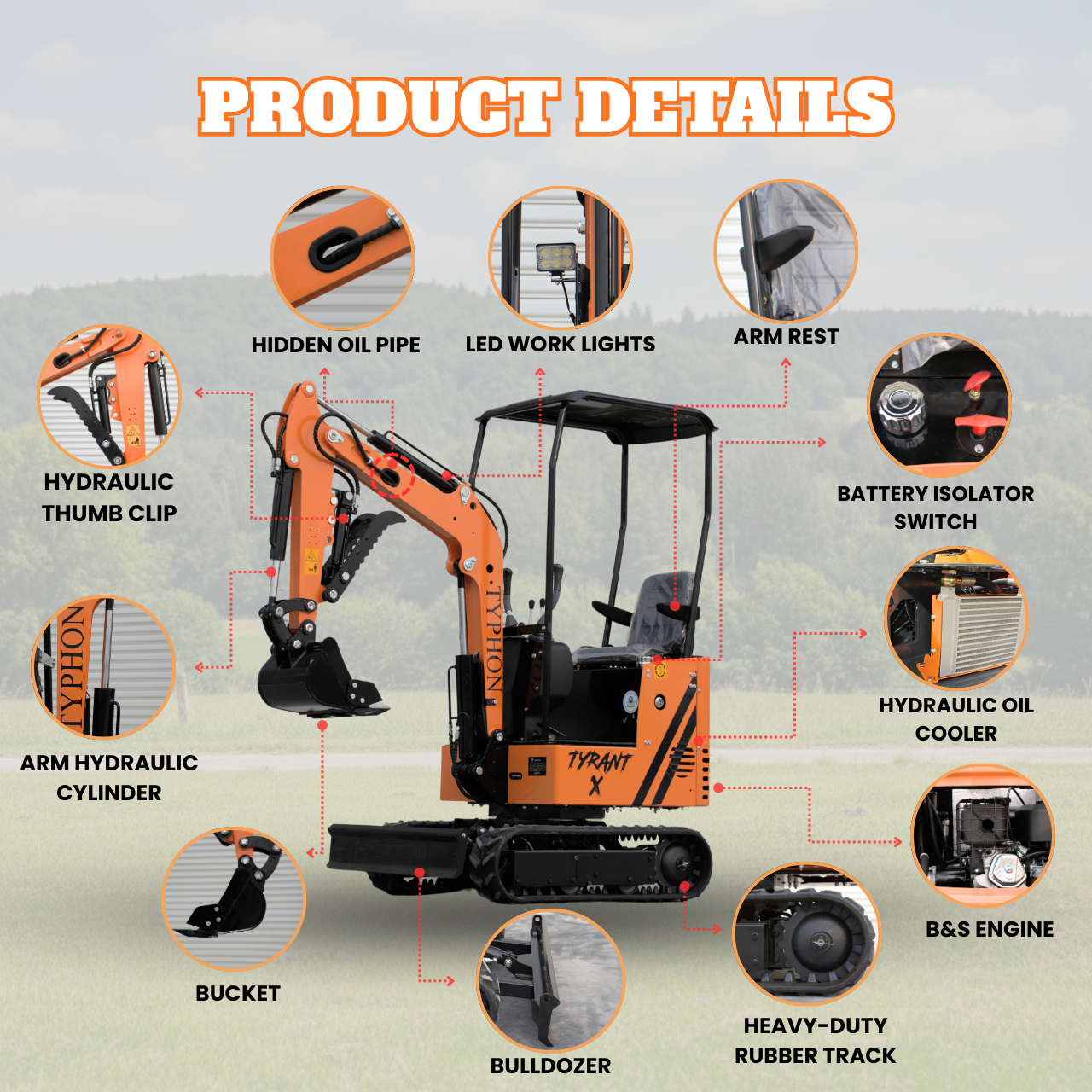 TYPHON TYRANT X 1-Ton Mini Excavator 13.5HP Briggs & Stratton Engine, Hydraulic Thumb Clip, Dozer Blade, 360° Body Swing