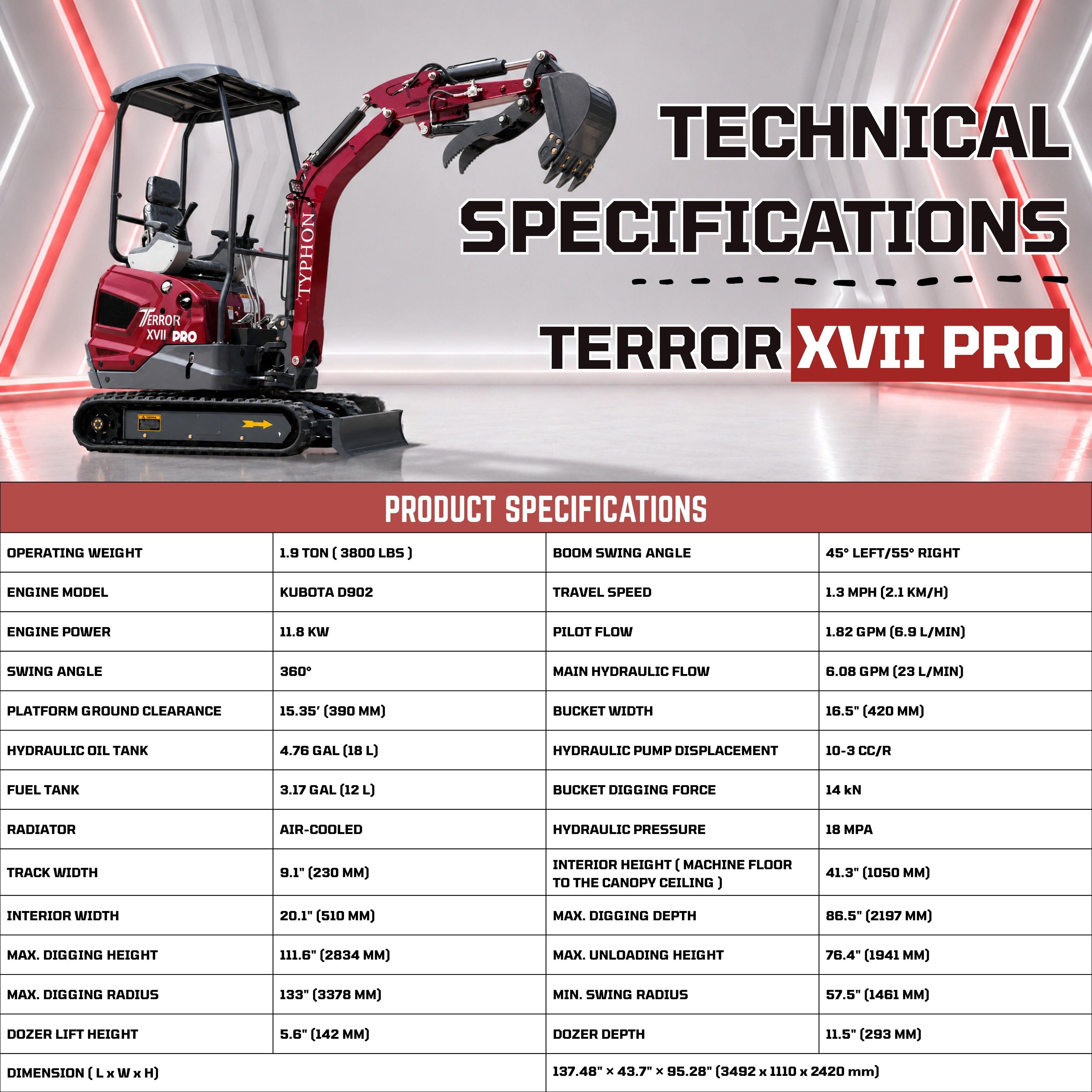 YPHON TERROR XVII PRO Mini Excavator. Powered by a Kubota D902 engine, featuring dual auxiliary hydraulics, 86-inch diging depth, and a hydraulic thumb. Free Shipping.