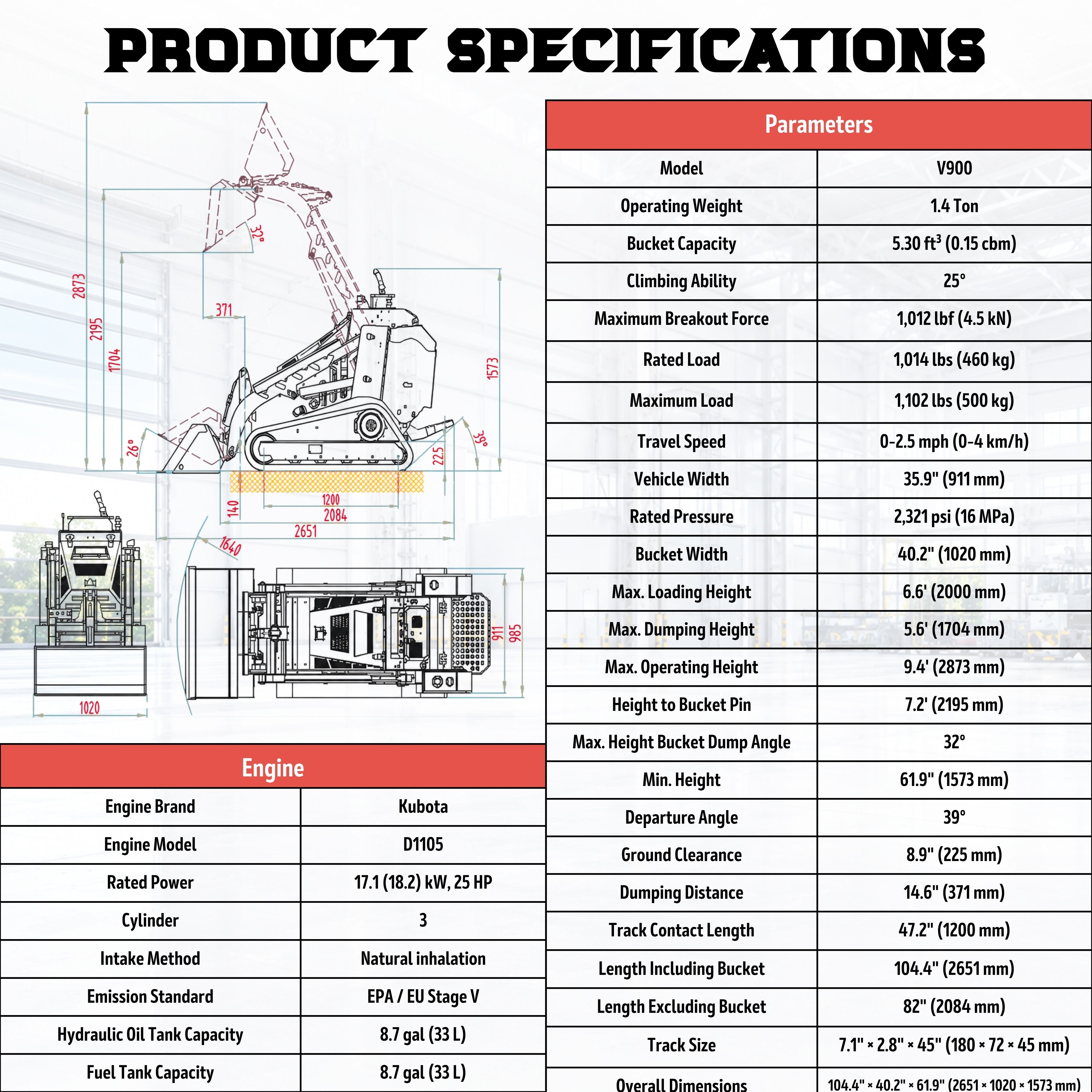 Typhon Stomp V900 Mini Track Loader Kubota D1105 25HP Diesel  Stand-On Skid Steer  EPA / EU Stage V