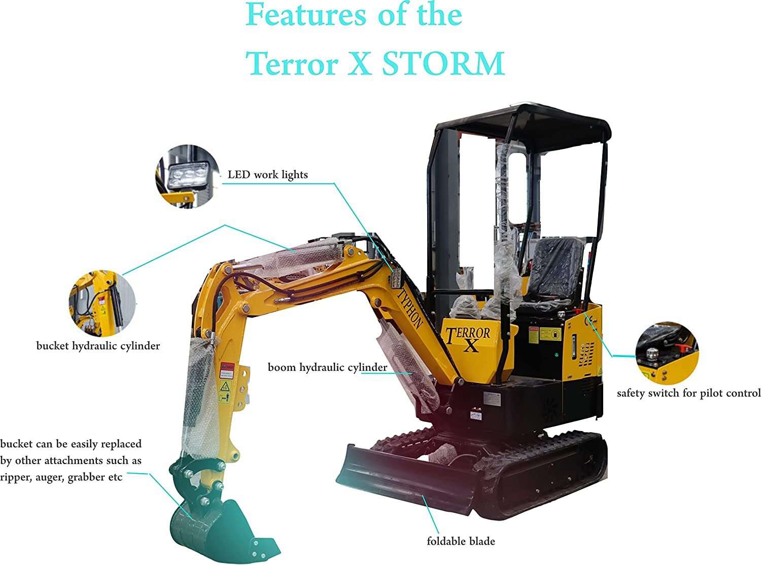 TYPHON TERROR X STORM Mini Excavator – 1 Ton Trench Digger with Canopy, 380mm Wide Bucket