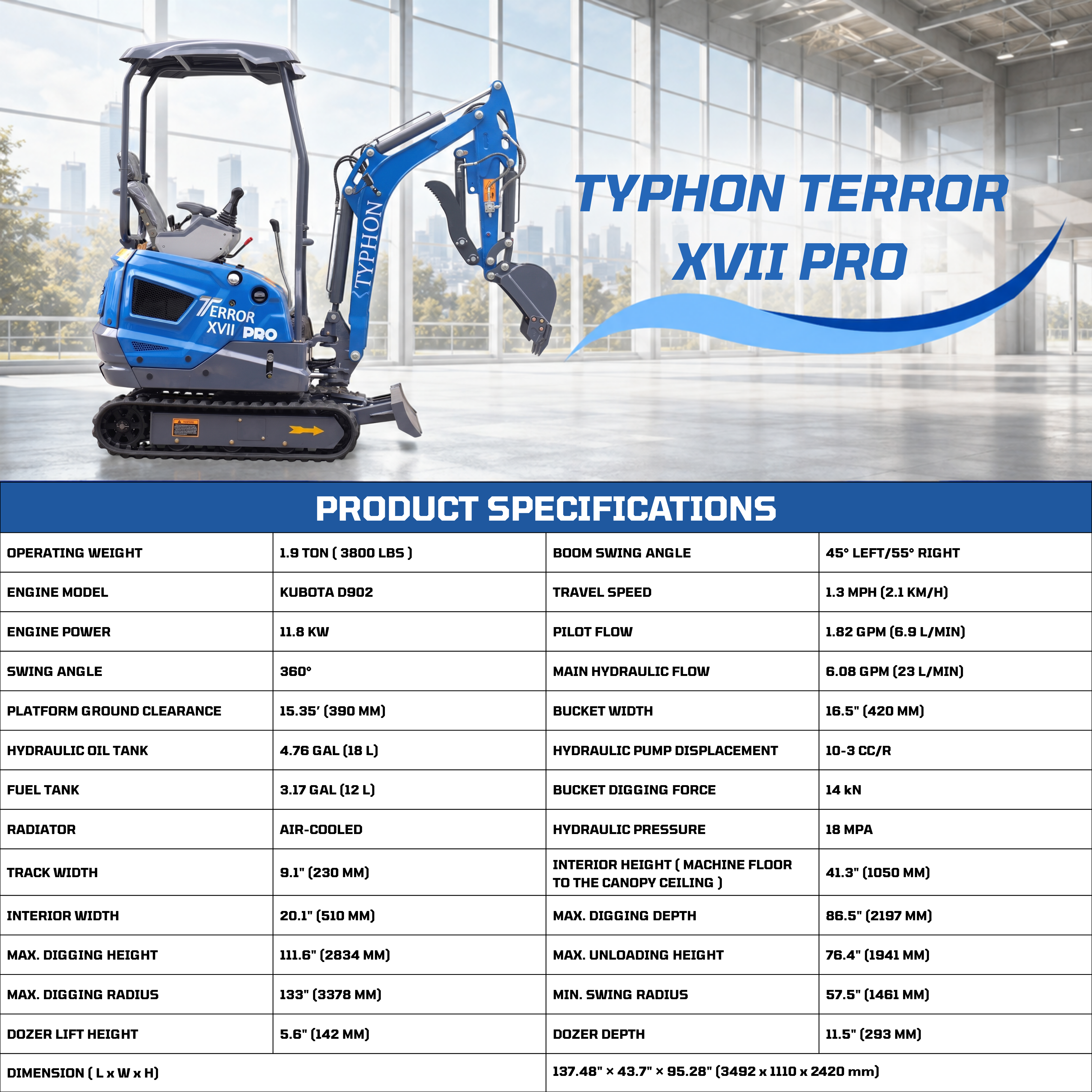 TYPHON TERROR XVII PRO 3800 lb mini excavator Hydraulic System Integrated Oil Cooler EPA-Certified Kubota D902 Engine