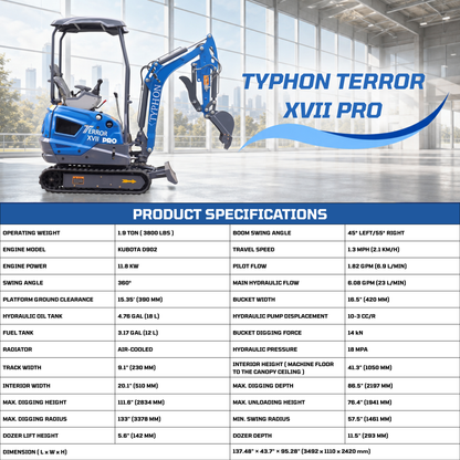 TYPHON TERROR XVII PRO 3800 lb mini excavator Hydraulic System Integrated Oil Cooler EPA-Certified Kubota D902 Engine