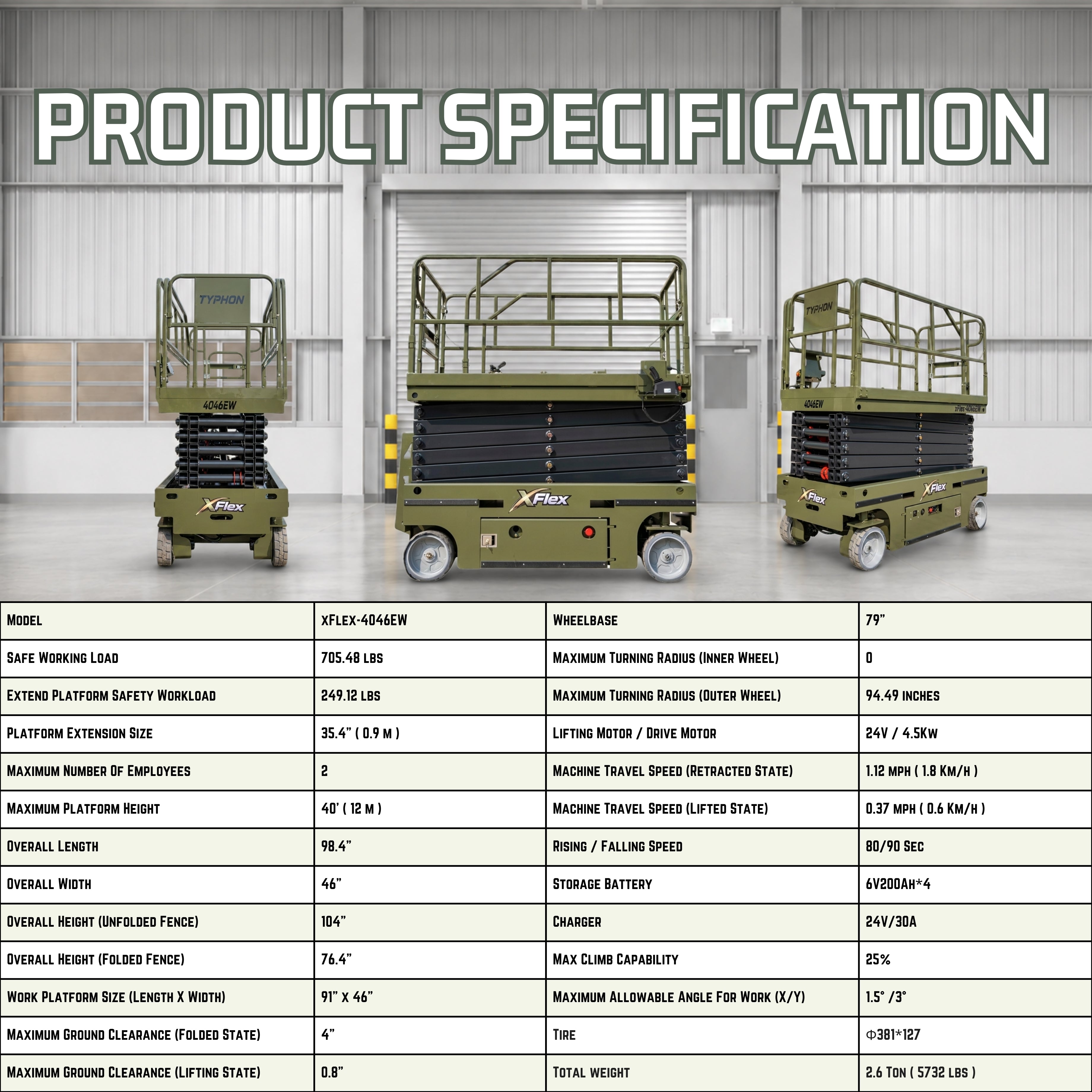 TYPHON xFlex-4046EW 2.6 Ton Electric Wheel Scissor Lift&nbsp; 40 ft Max Platform Height&nbsp; 35.4" Platform Extension