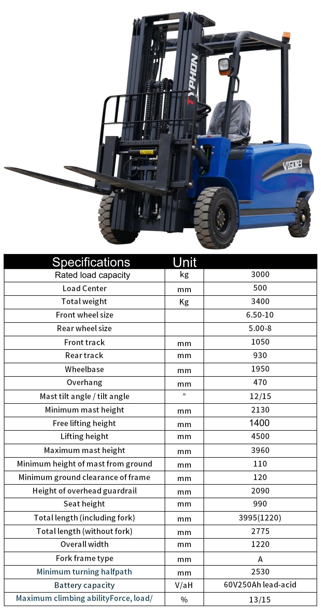 2025 TYPHON VIGOR 3.0 Blue 3 Ton Electric Forklift
