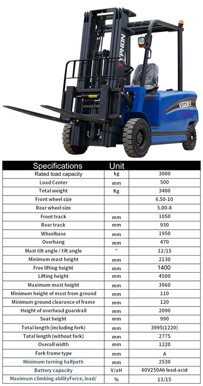 2025 TYPHON VIGOR 3.0 Blue 3 Ton Electric Forklift