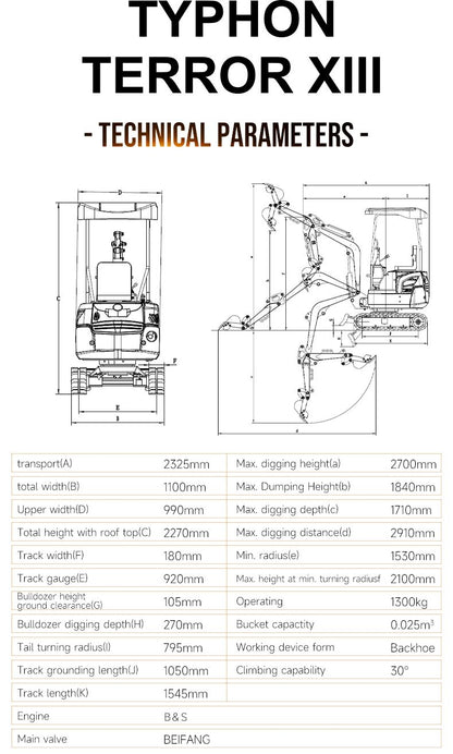 TYPHON TERROR XIII Mini Excavator – 1.3 TON 13.5HP B&S