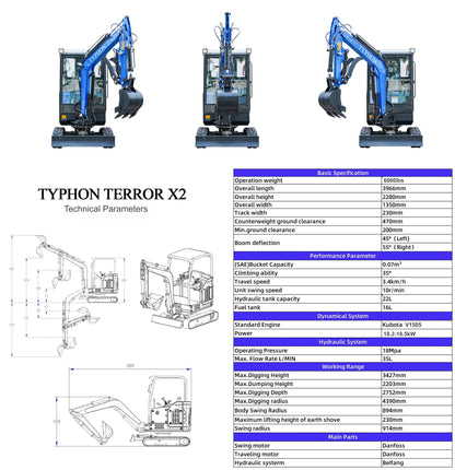 TYPHON TERROR X2 Mini Excavator 2.7 Ton Kubota V1505 Engine