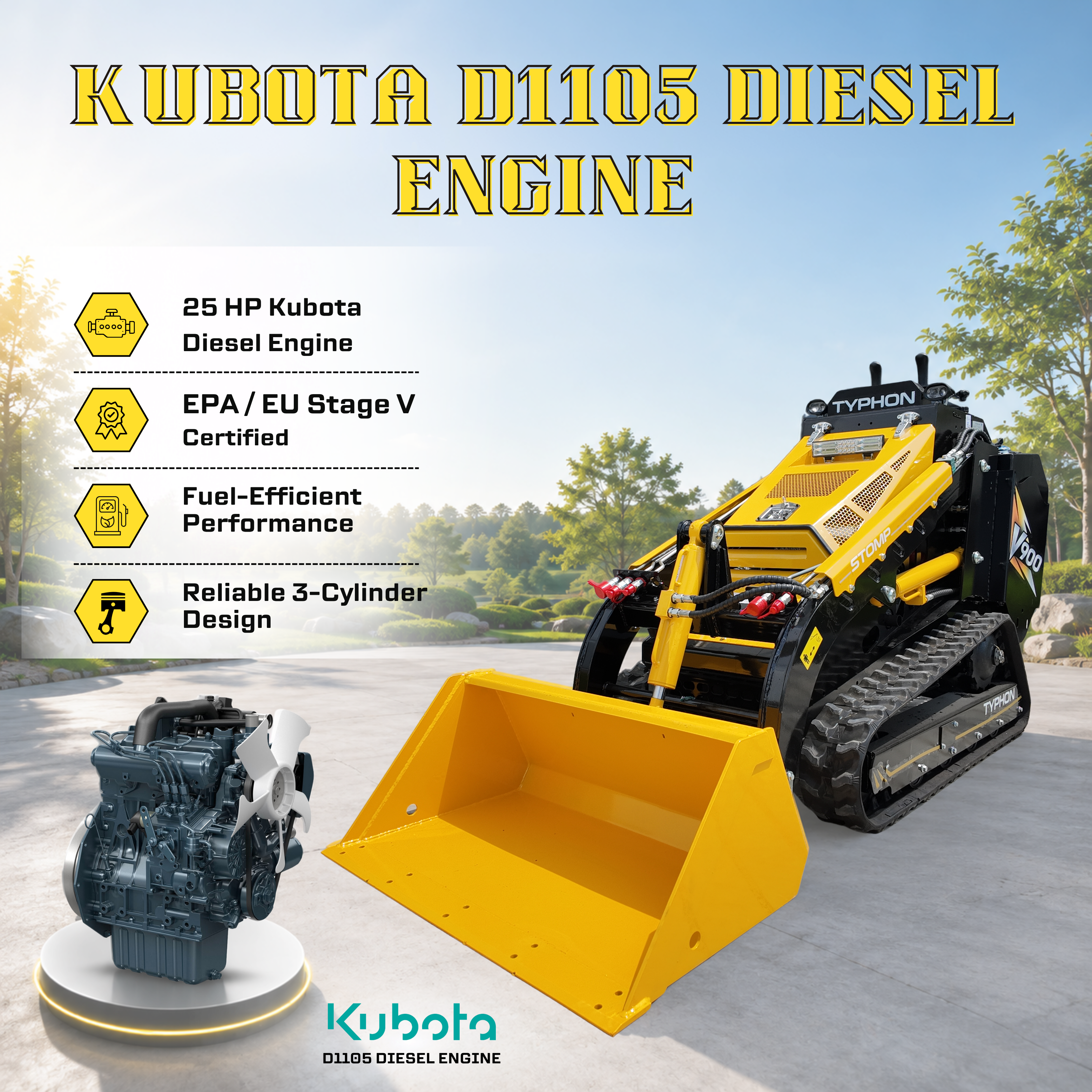 Typhon Stomp V900 Mini Track Loader  Kubota D1105 25HP Diesel  Stand-On Skid Steer Dual Aux Hydraulics  EPA Stage V