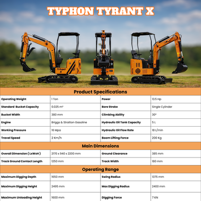 TYPHON TYRANT X 1-Ton Mini Excavator 13.5HP Briggs & Stratton Engine, Hydraulic Thumb Clip, Dozer Blade, 360° Body Swing